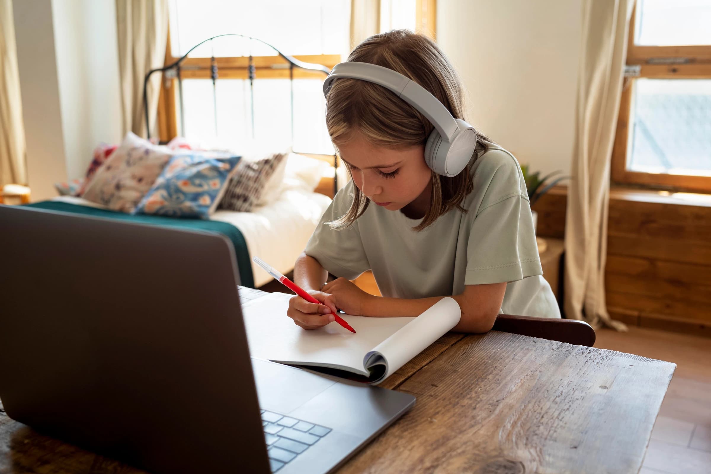 A child wearing headphones and writing in a notebook beside a laptop